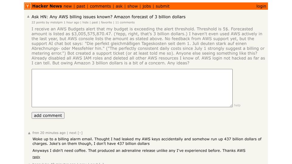 Screenshot of Hacker News post: Ask HN: Any AWS billing issues known? Amazon forecast of 3 billion dollars