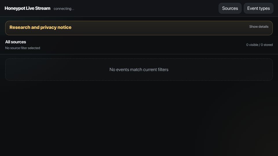 Screenshot of honeypotlive.cc: Show HN: Watch bots interact with an SSH honeypot in real time