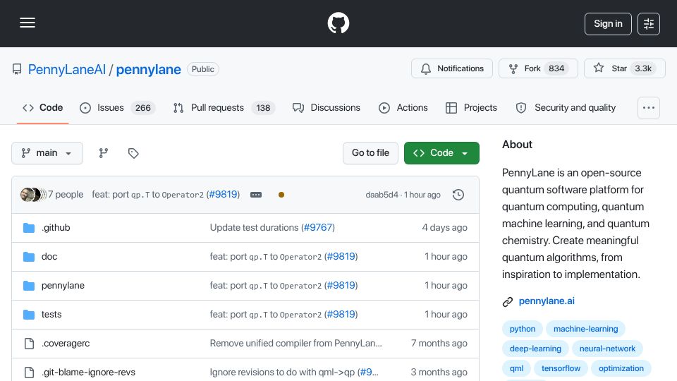 Screenshot of github.com: PennyLane is an open-source quantum software platform for quantum