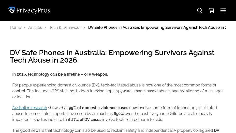 Screenshot of privacypros.com.au: GrapheneOS recommended for domestic abuse victims