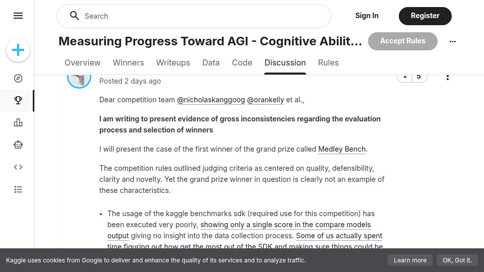 Screenshot of kaggle.com: Evidence of inconsistencies in evaluation process and selection of winners