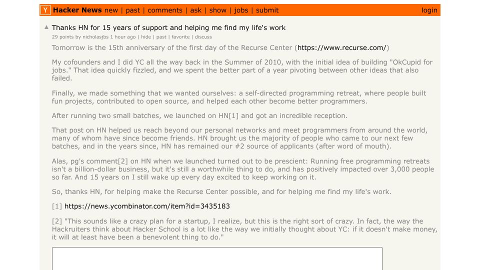 Screenshot of Hacker News post: Thanks HN for 15 years of support and helping me find my life's work