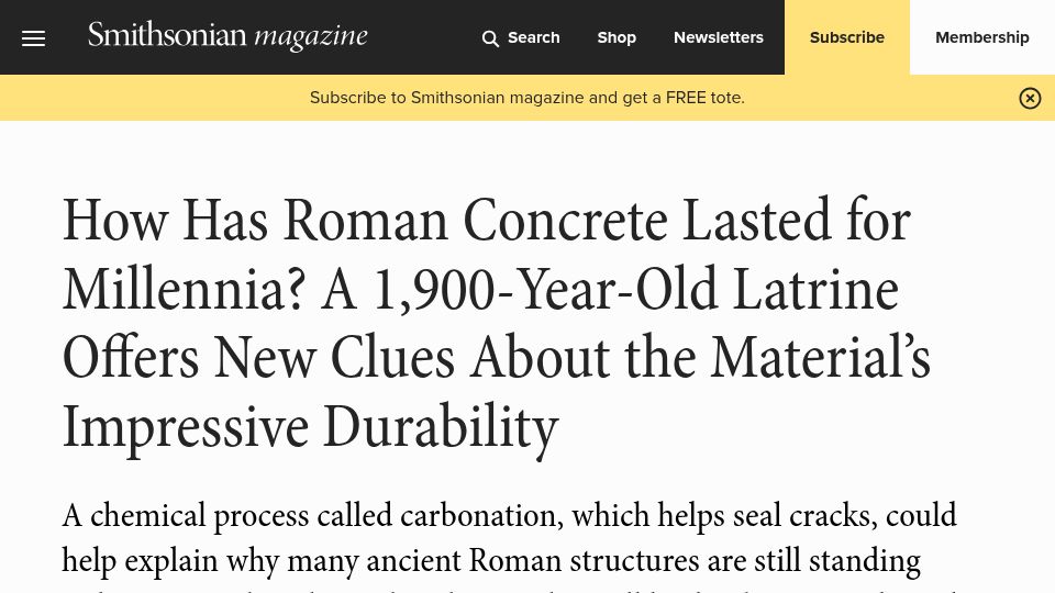 Screenshot of smithsonianmag.com: How Has Roman Concrete Lasted for Millennia? 1,900-Year-Old Latrine Offers Clues