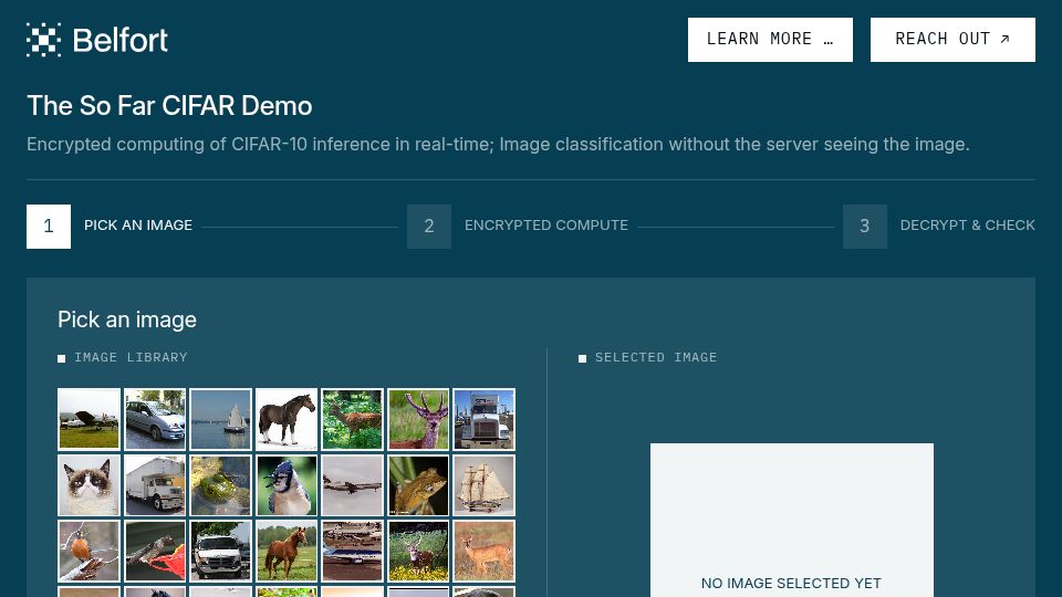 Screenshot of sofar.belfortlabs.cloud: Homomorphically encrypted CIFAR-10 inference in 200ms