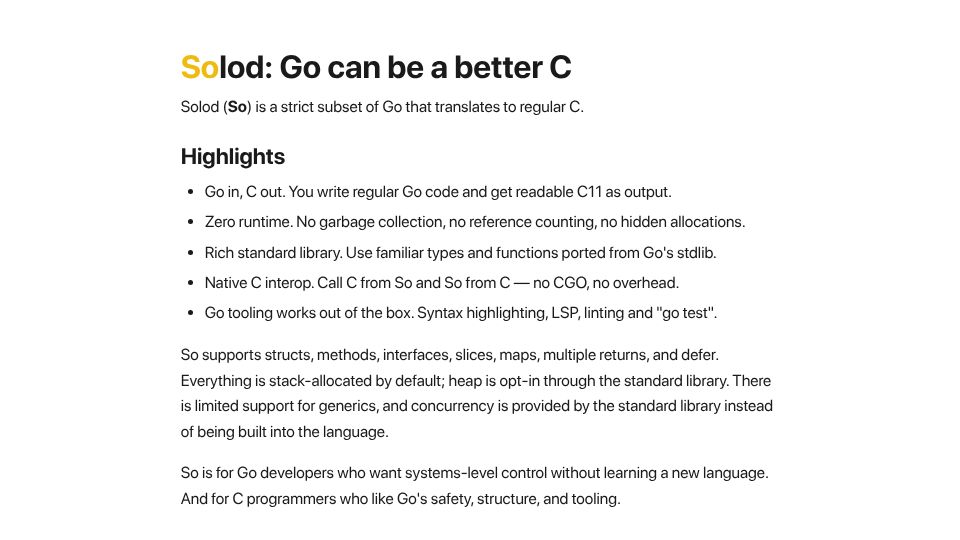 Screenshot of solod.dev: Solod: Go can be a better C