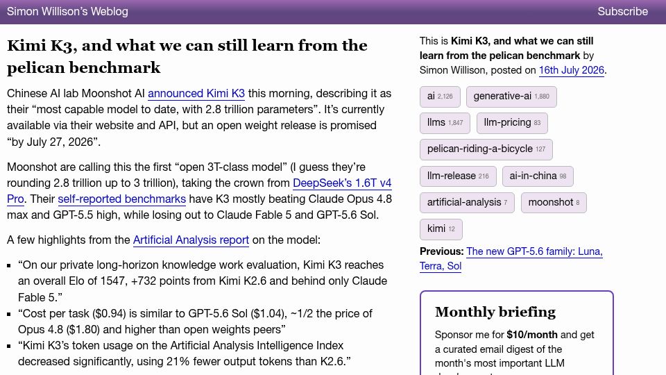 Screenshot of simonwillison.net: Kimi K3, and what we can still learn from the pelican benchmark