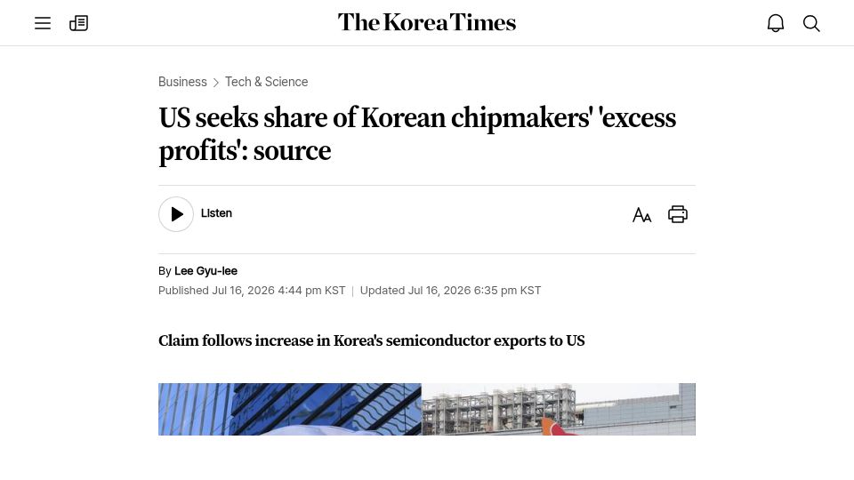 Screenshot of koreatimes.co.kr: US seeks share of Korean chipmakers' 'excess profits'