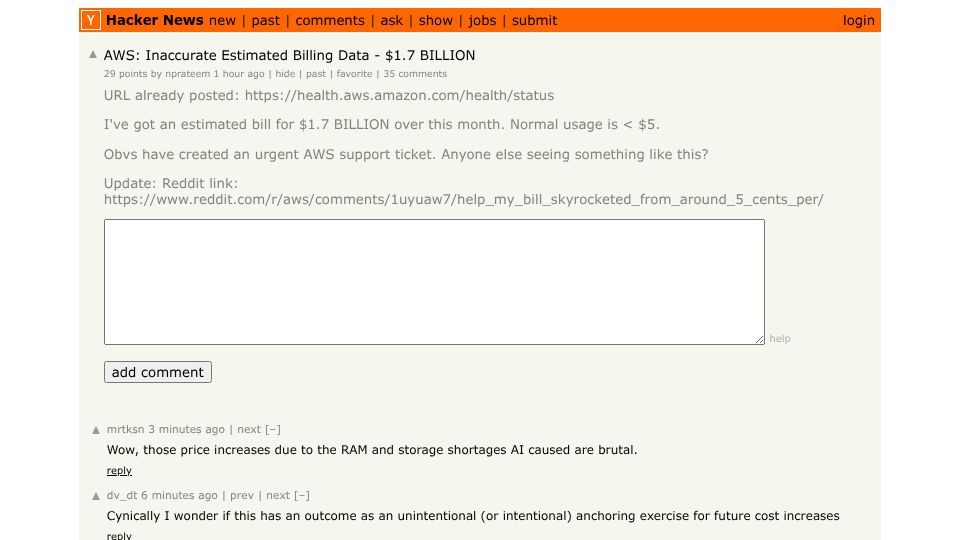 Screenshot of Hacker News post: AWS: Inaccurate Estimated Billing Data – $1.7 billion