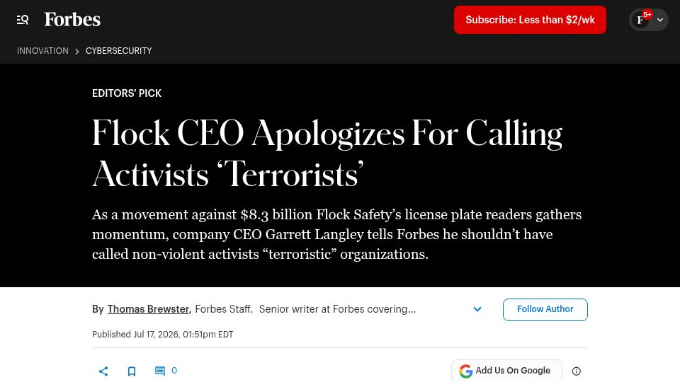 Screenshot of forbes.com: Flock CEO Apologizes for Calling Activists 'Terrorists'