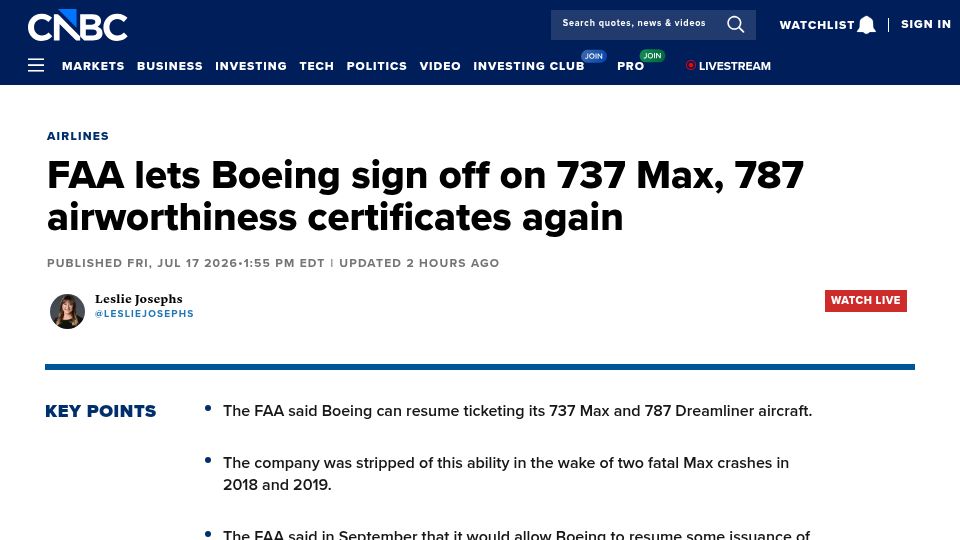 Screenshot of cnbc.com: FAA lets Boeing sign off on 737 MAX, 787 airworthiness certificates again