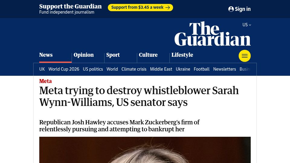 Screenshot of theguardian.com: Meta trying to destroy whistleblower Sarah Wynn-Williams, US senator says