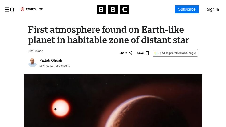 Screenshot of bbc.com: First atmosphere found on Earth-like planet in habitable zone of distant star