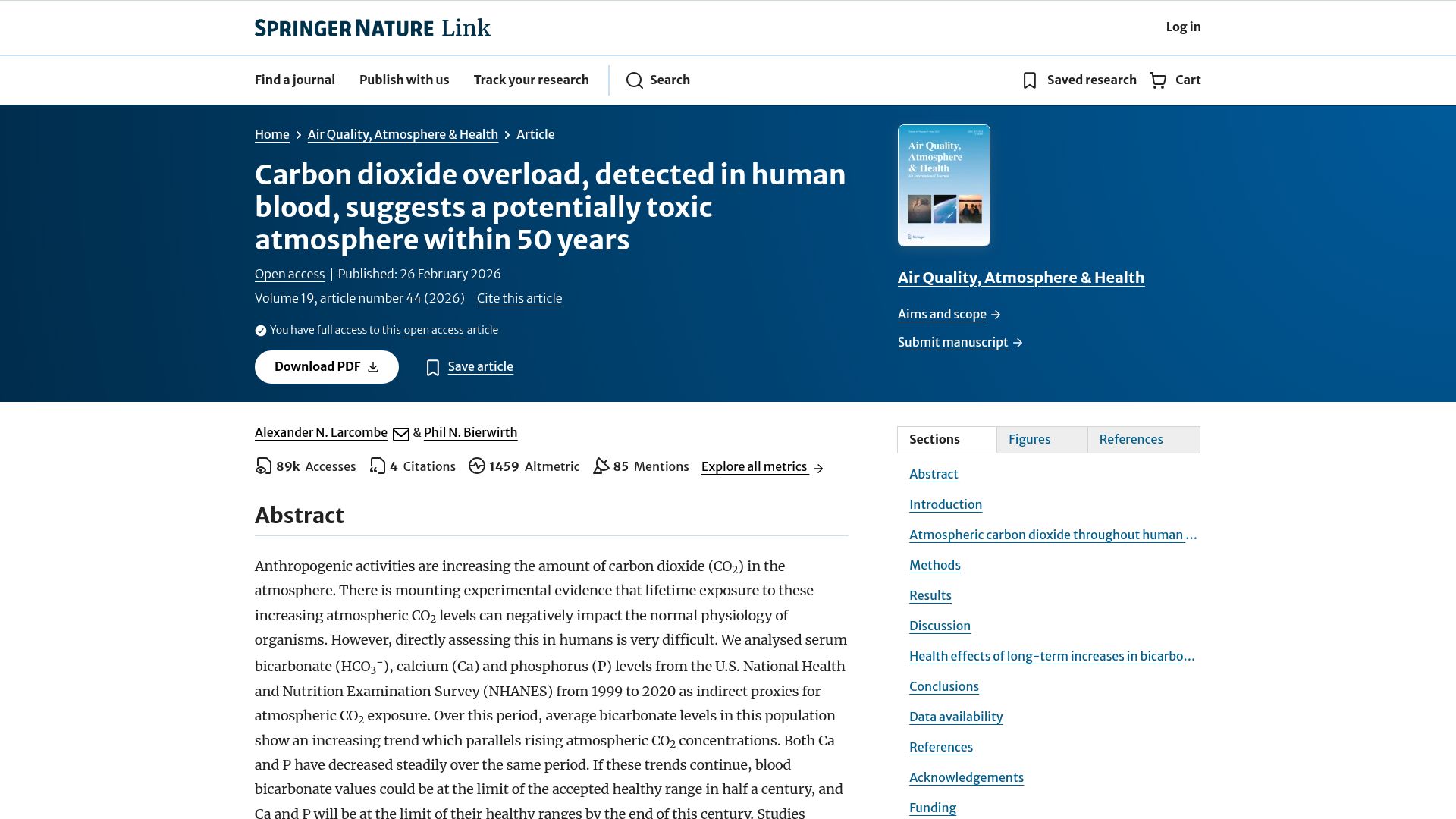Screenshot of link.springer.com: CO2 overload, detected in human blood, suggests toxic atmosphere within 50 years