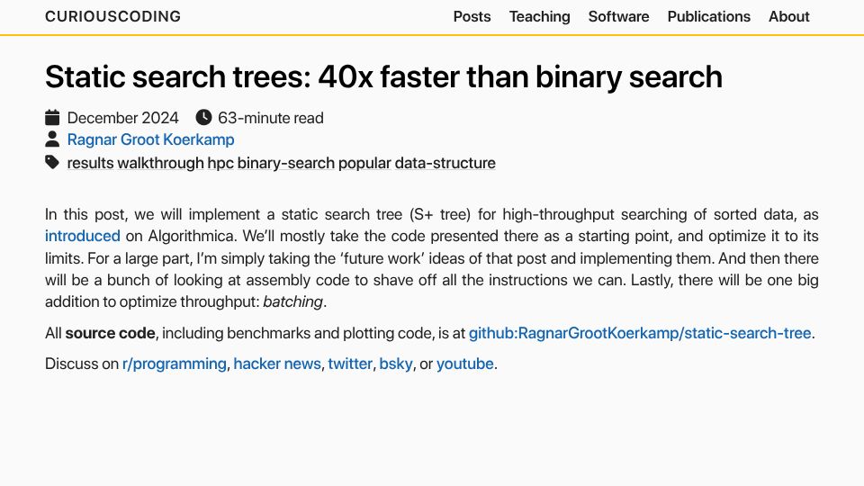 Screenshot of curiouscoding.nl: Static search trees: 40x faster than binary search (2024)