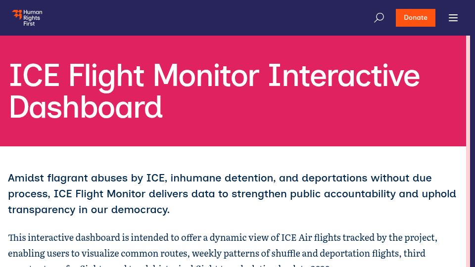 Screenshot of humanrightsfirst.org: ICE Flight Monitor Interactive Dashboard