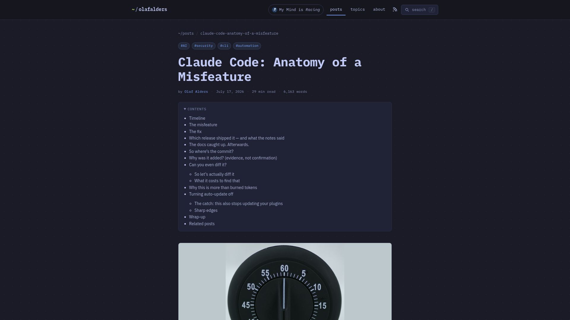 Screenshot of olafalders.com: Claude Code: Anatomy of a Misfeature