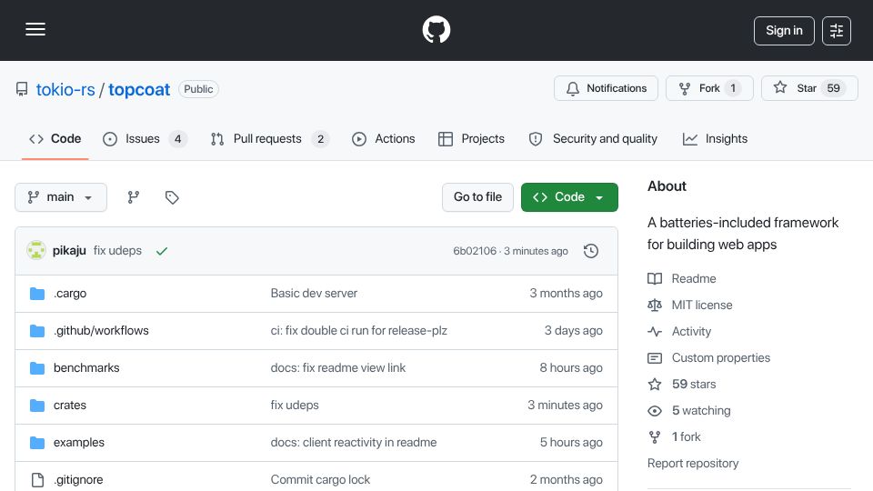 Screenshot of github.com: Topcoat: The full full-stack framework for Rust