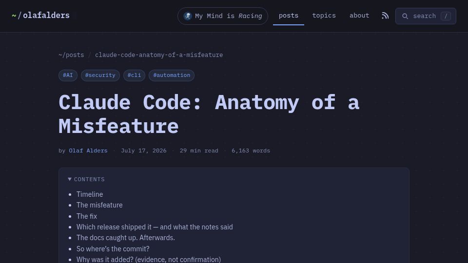 Screenshot of olafalders.com: Claude Code: Anatomy of a Misfeature