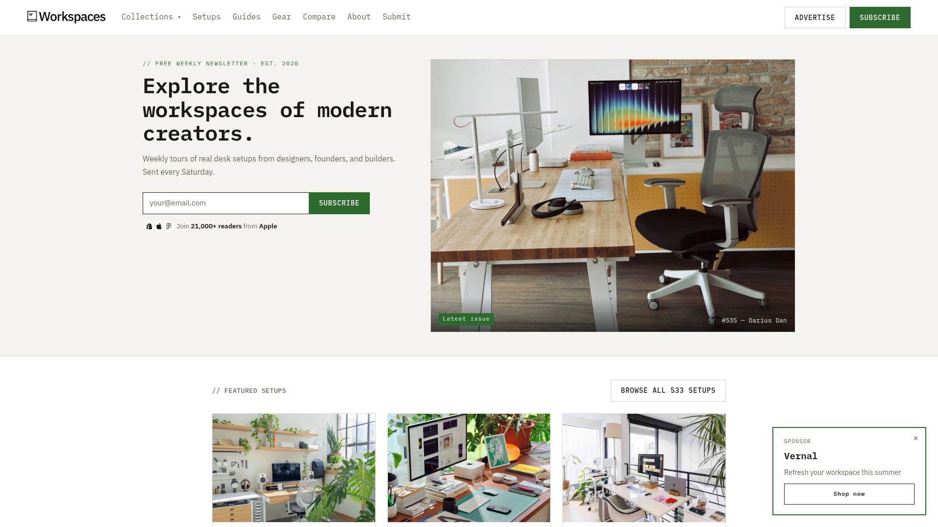 Screenshot of workspaces.xyz: Workspaces – Explore the workspaces of modern creators