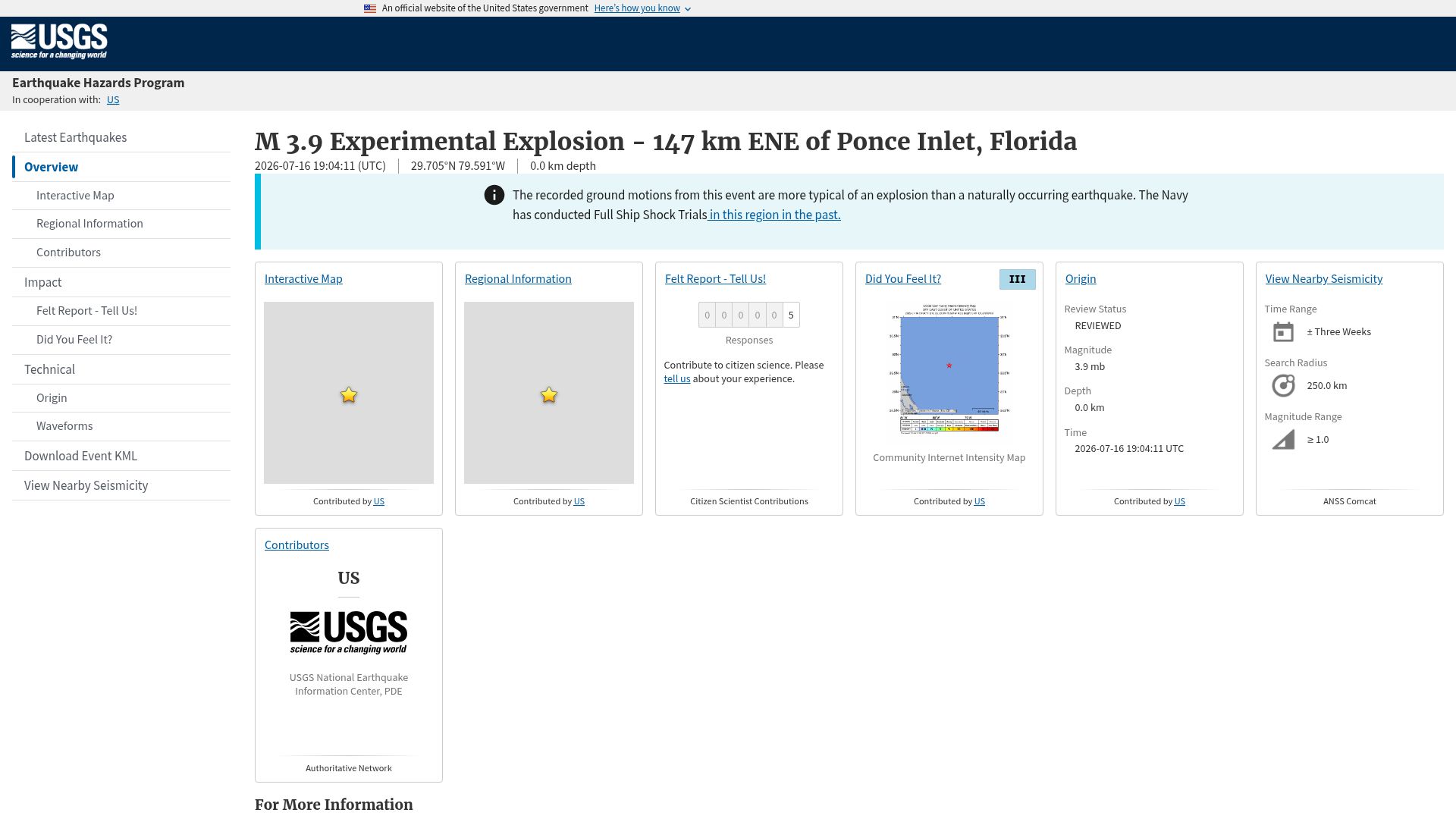 Screenshot of earthquake.usgs.gov: M 3.9 Experimental Explosion – 147 Km ENE of Ponce Inlet, Florida