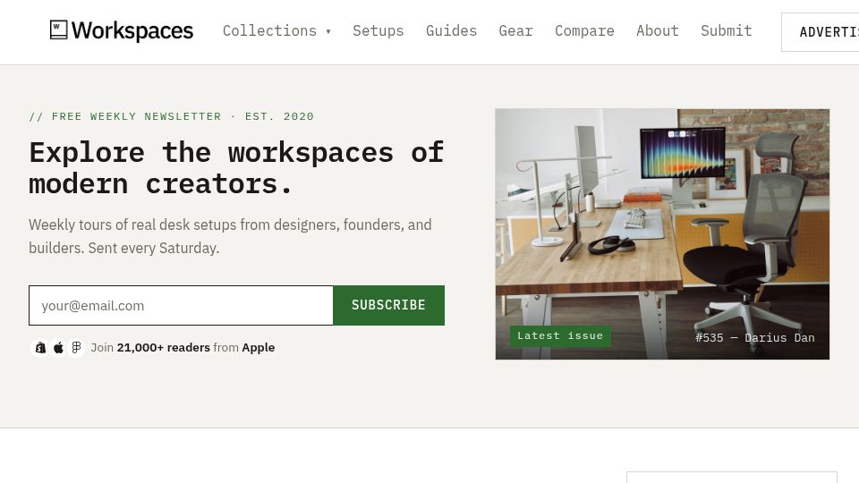 Screenshot of workspaces.xyz: Workspaces – Explore the workspaces of modern creators