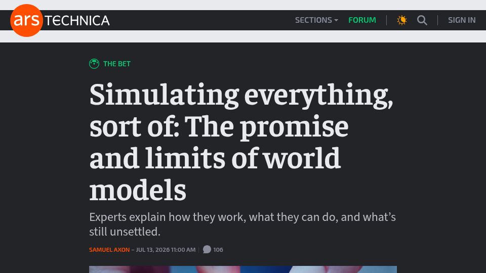 Screenshot of arstechnica.com: Simulating everything, sort of: The promise and limits of world models