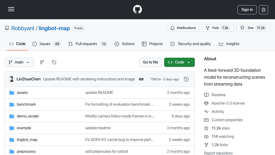 Screenshot of github.com: Lingbot-map: A 3D foundation model for reconstructing scenes from streaming data