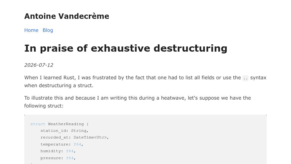 Screenshot of antoine.vandecreme.net: In Praise of Exhaustive Destructuring