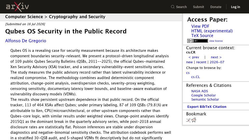 Screenshot of arxiv.org: Qubes OS Security in the Public Record