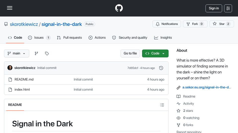 Screenshot of github.com: Show HN: Find someone in the dark – light them or light yourself? (Three.js)