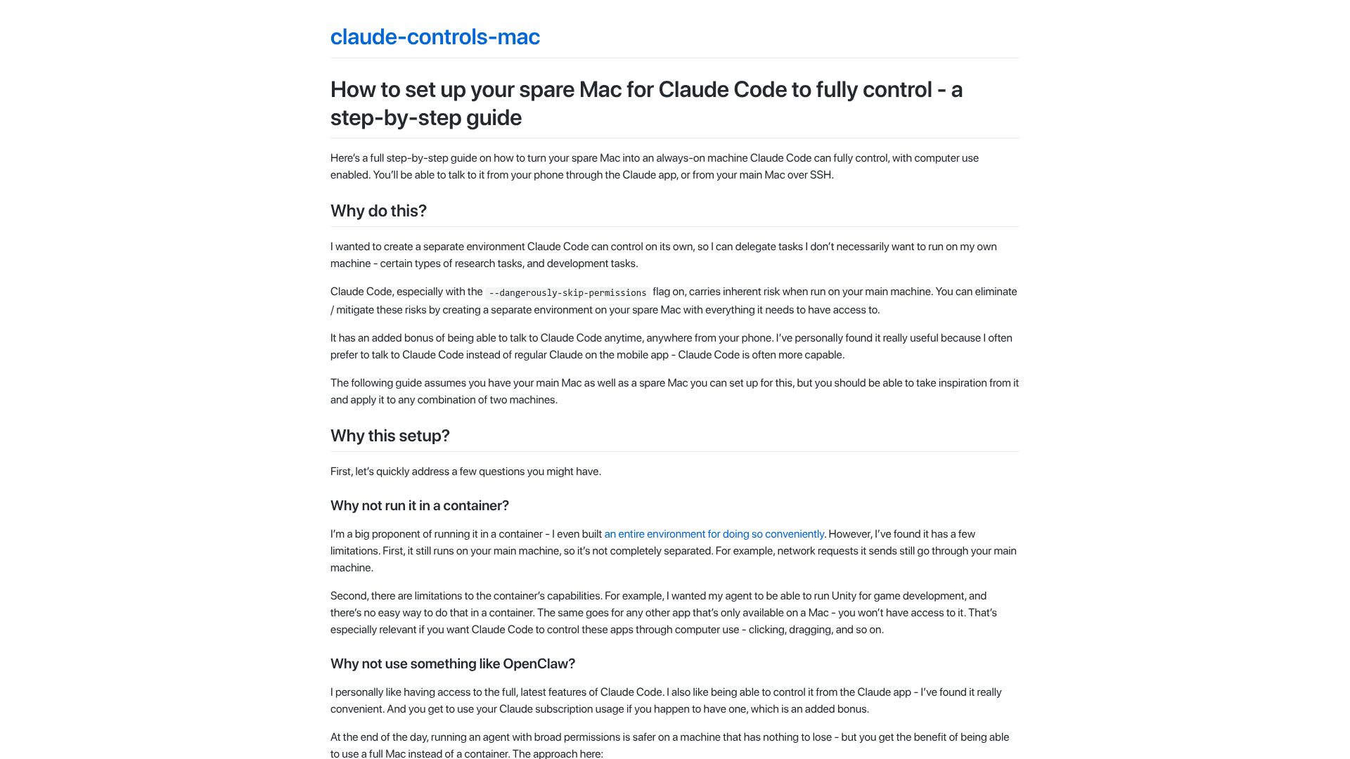 Screenshot of ykdojo.github.io: Setting up your spare Mac for Claude Code to control, a step-by-step guide