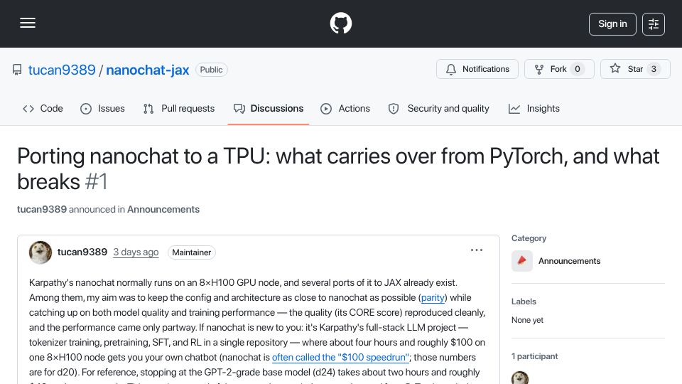 Screenshot of github.com: Porting nanochat to a TPU: what carries over from PyTorch, and what breaks