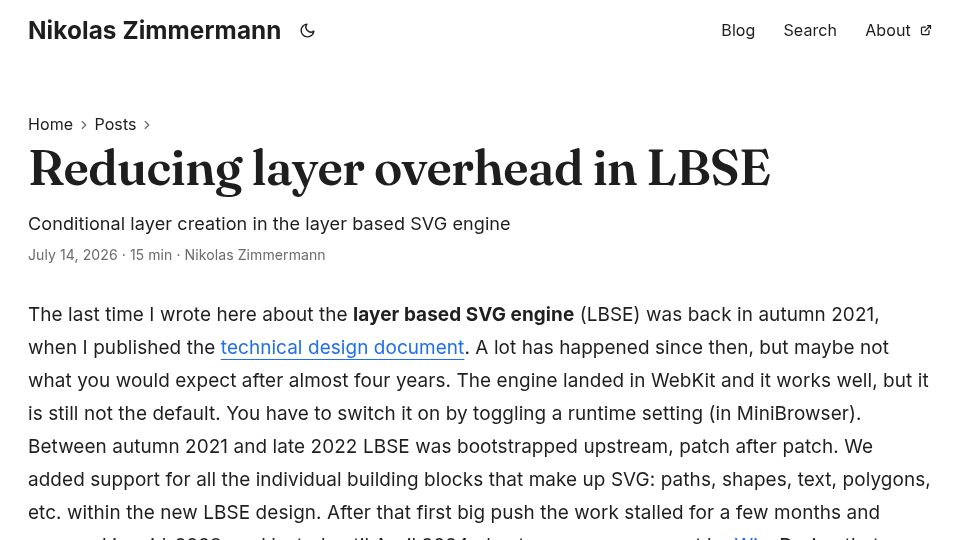 Screenshot of blogs.igalia.com: An Update on Igalia's Layer Based SVG Engine in WebKit (Reducing Layer Overhead)