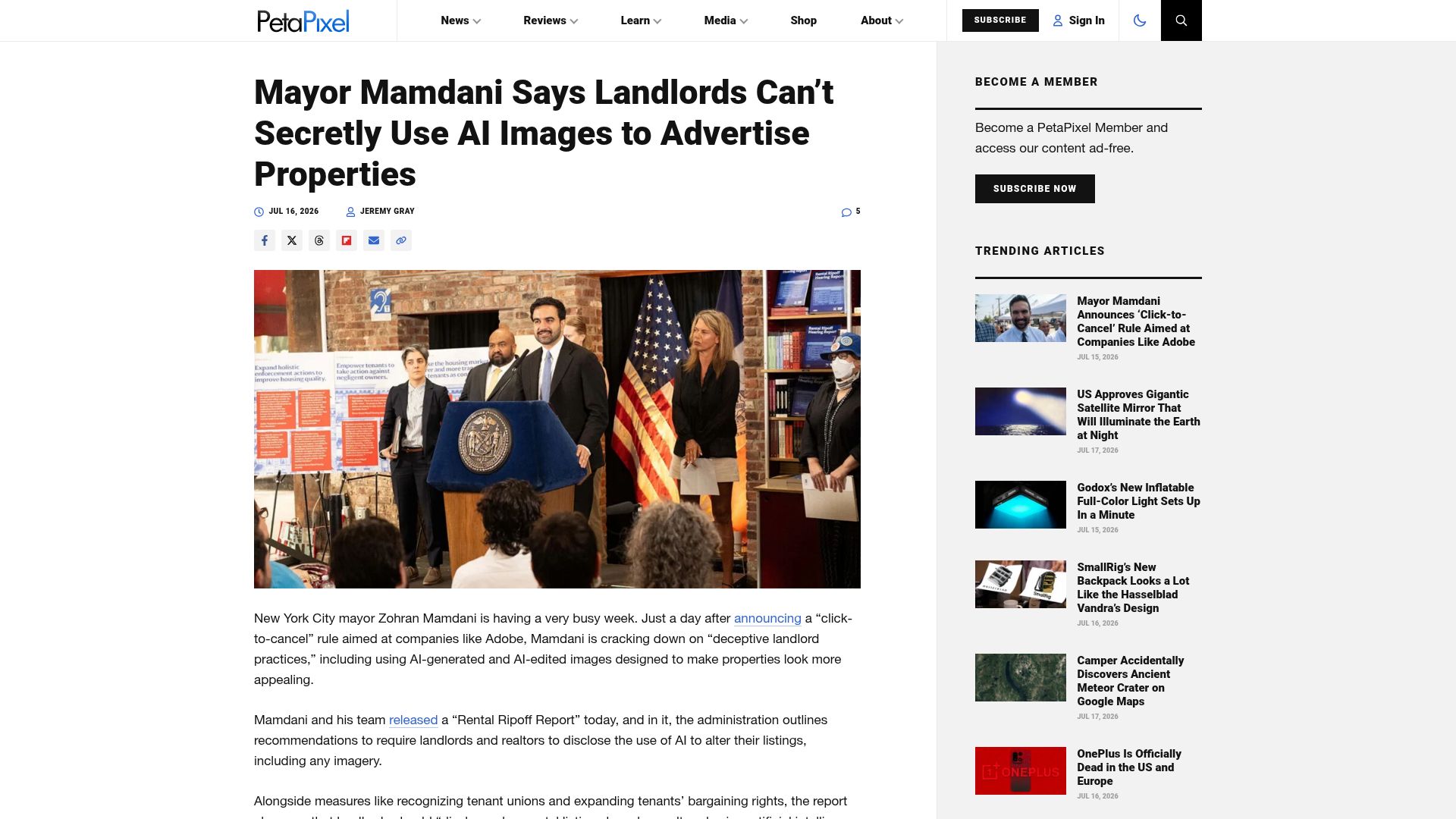 Screenshot of petapixel.com: NYC may require landlords and realtors to disclose the use of AI in listings