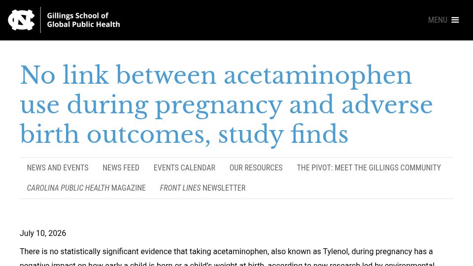 Screenshot of sph.unc.edu: No link between acetaminophen use during pregnancy and adverse birth outcomes
