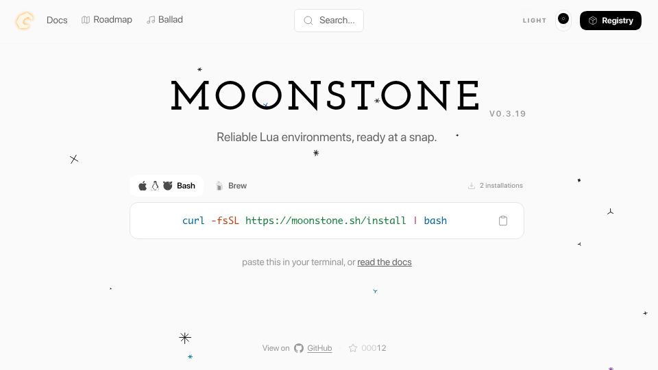 Screenshot of moonstone.sh: Moonstone: Modern, cross-platform Lua runtime and package manager written in Zig