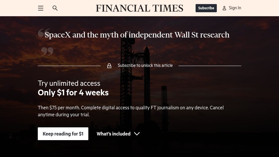 Screenshot of ft.com: SpaceX and the myth of independent Wall St research
