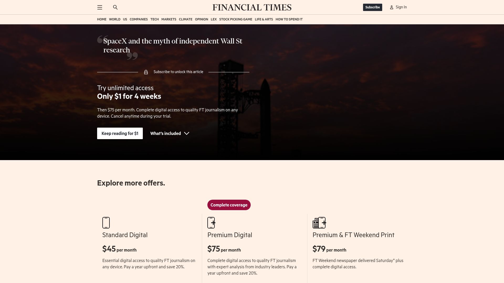 Screenshot of ft.com: SpaceX and the myth of independent Wall St research