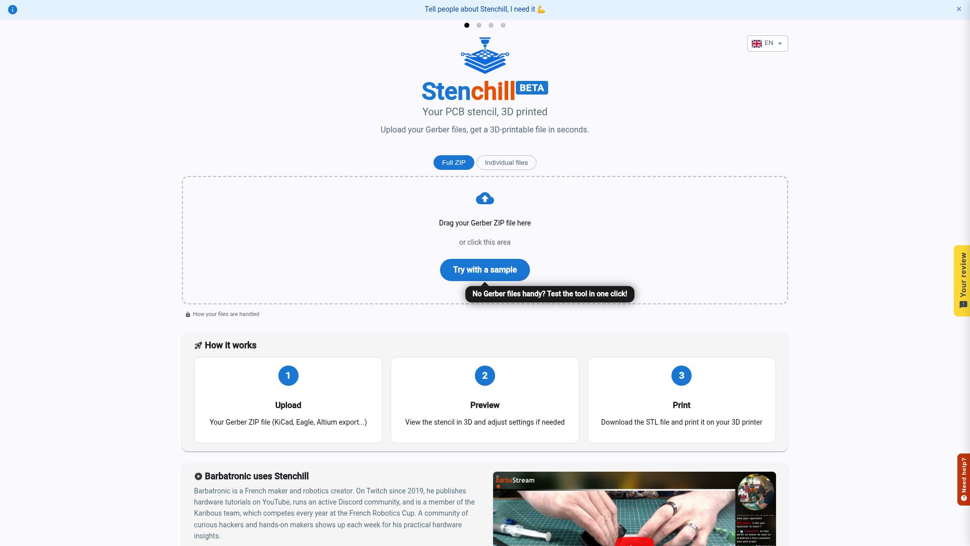 Screenshot of stenchill.com: Stenchill: 3D Printable Solder Paste Stencil Generator