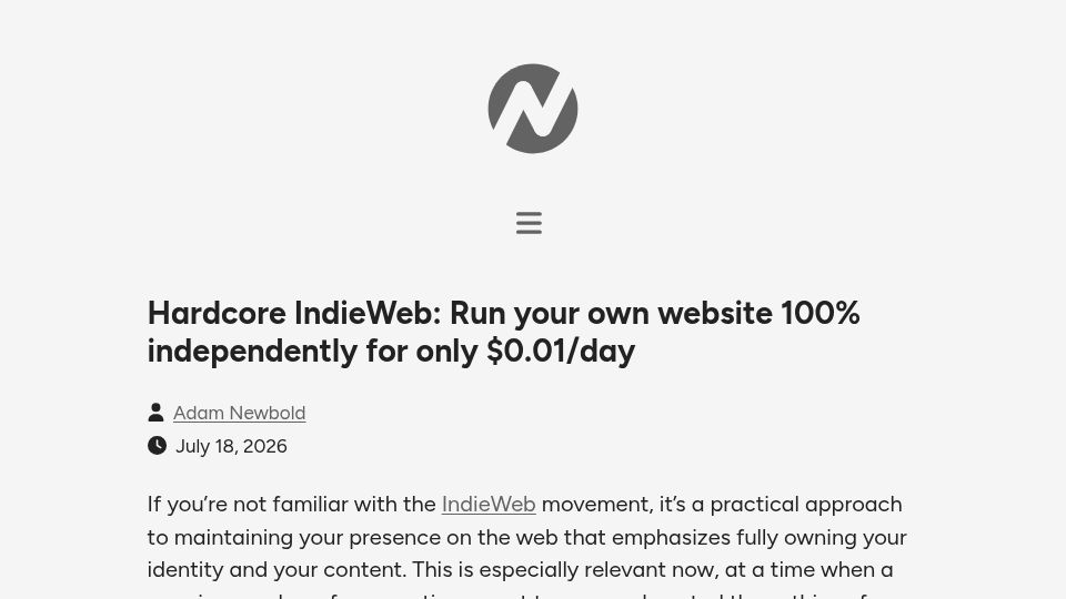 Screenshot of neatnik.net: Hardcore IndieWeb: Run your own website 100% independently for only $0.01/day