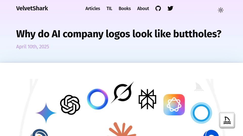 Screenshot of velvetshark.com: Why do AI company logos look like buttholes? (2025)