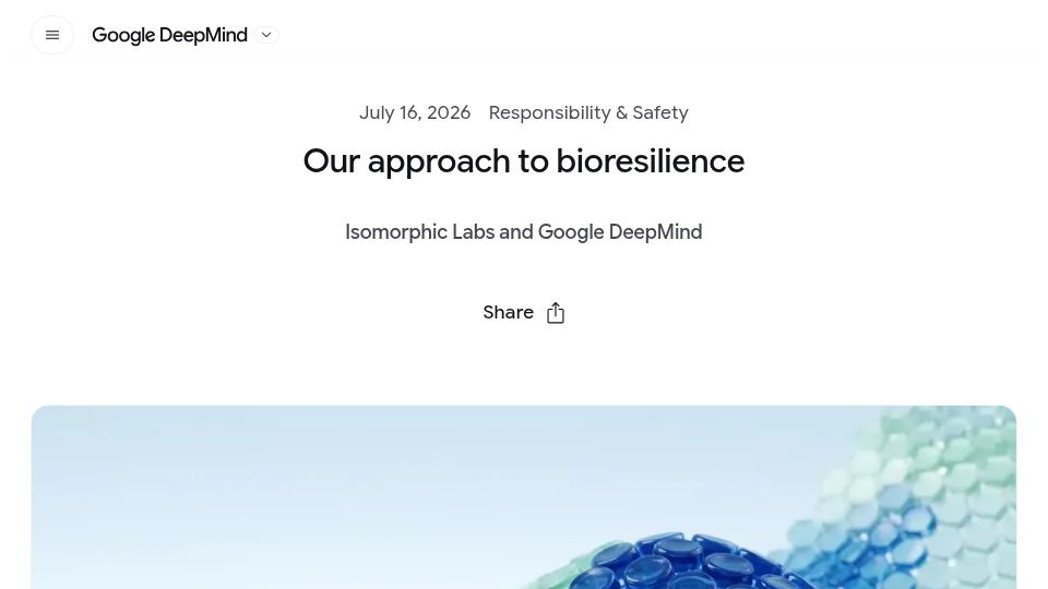 Screenshot of deepmind.google: Our Approach to Bioresilience: Isomorphic Labs and Google DeepMind