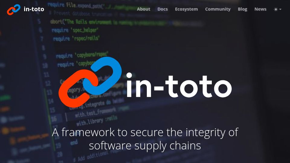 Screenshot of in-toto.io: In-toto: A framework to secure the integrity of software supply chains
