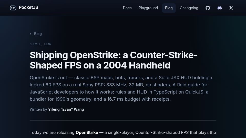 Screenshot of pocketjs.dev: Shipping OpenStrike: A Counter-Strike-Shaped FPS on a 2004 Handheld