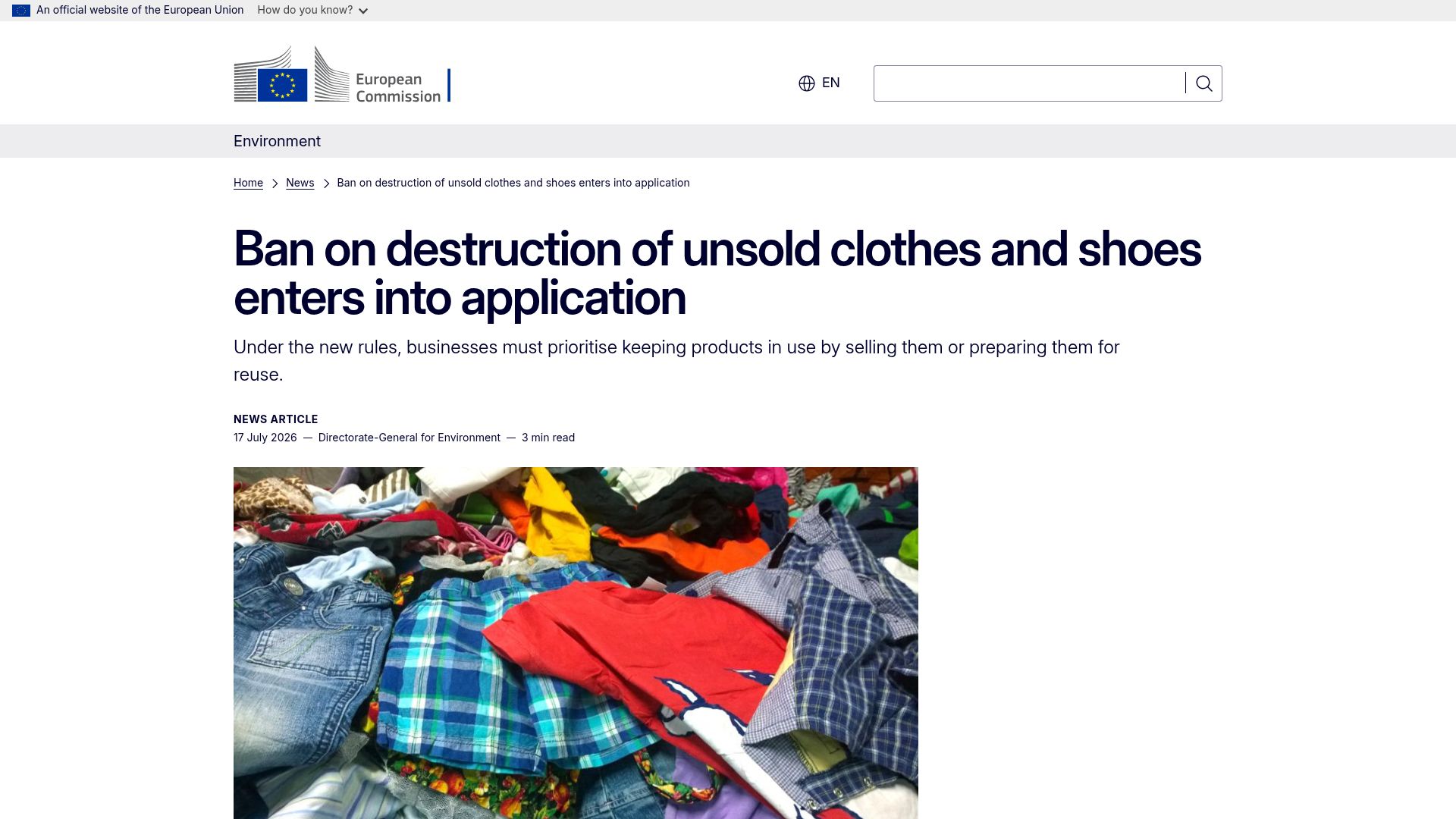 Screenshot of environment.ec.europa.eu: EU ban on destruction of unsold clothes and shoes enters into application