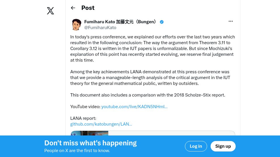 Screenshot of twitter.com: Gap in Mochizuki's proof of ABC confirmed by Lean