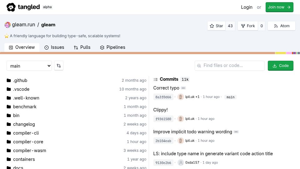 Screenshot of tangled.org: Gleam Is Now on Tangled