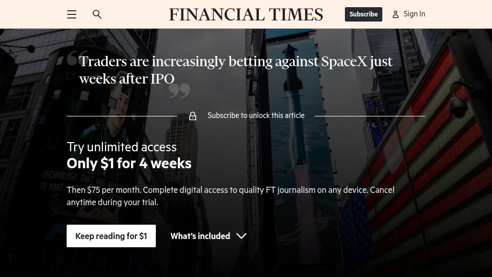 Screenshot of ft.com: Traders are increasingly betting against SpaceX just weeks after IPO