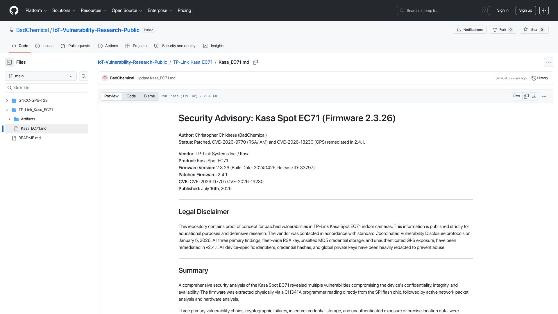 Screenshot of github.com: TP-Link Kasa cameras leaked home GPS via unauthenticated UDP for 6 years
