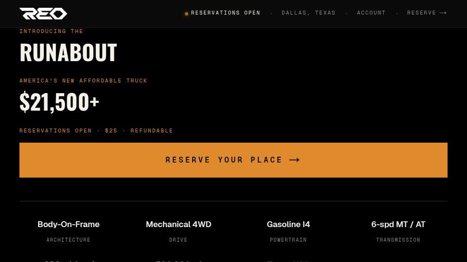 Screenshot of reotrucks.com: REO Trucks I4 4WD Pickup Truck Starts at $21,500